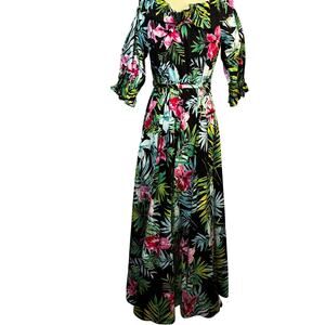 New York & Company Tropical Print Maxi Belted Ruffles 3/4 Sleeve Bold Bright Med